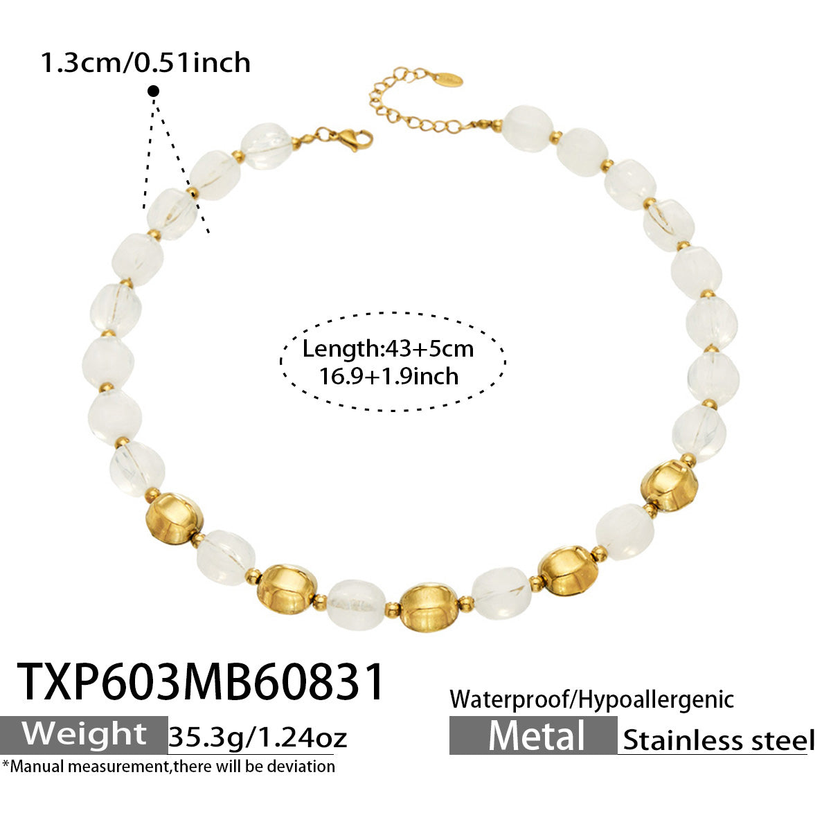 Specification card for an ivory resin bead necklace with stainless steel accent beads.