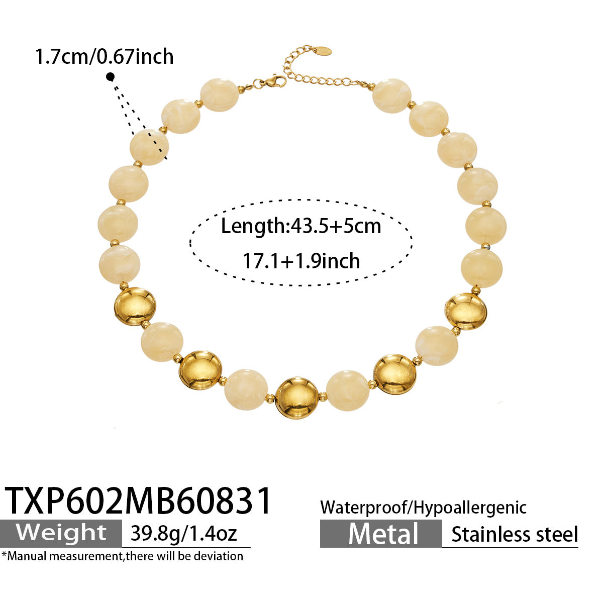 Ivory resin bead necklace with gold-tone accents, product detail sheet with size and style information.