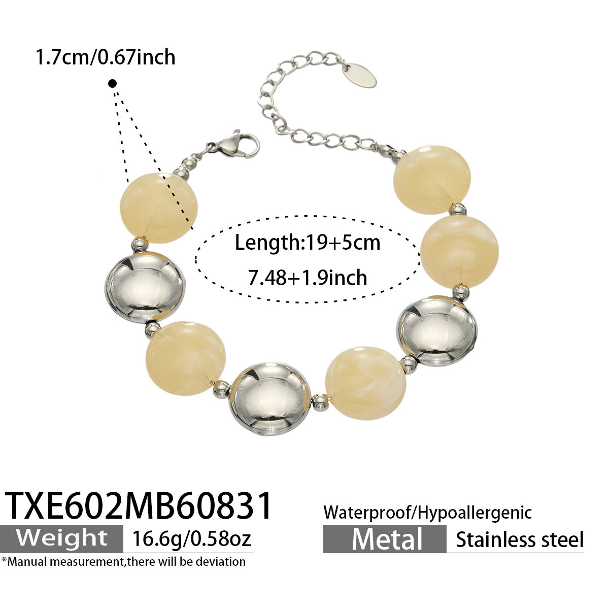 Ivory resin bead bracelet with steel-tone accents, product detail sheet with size and style information.