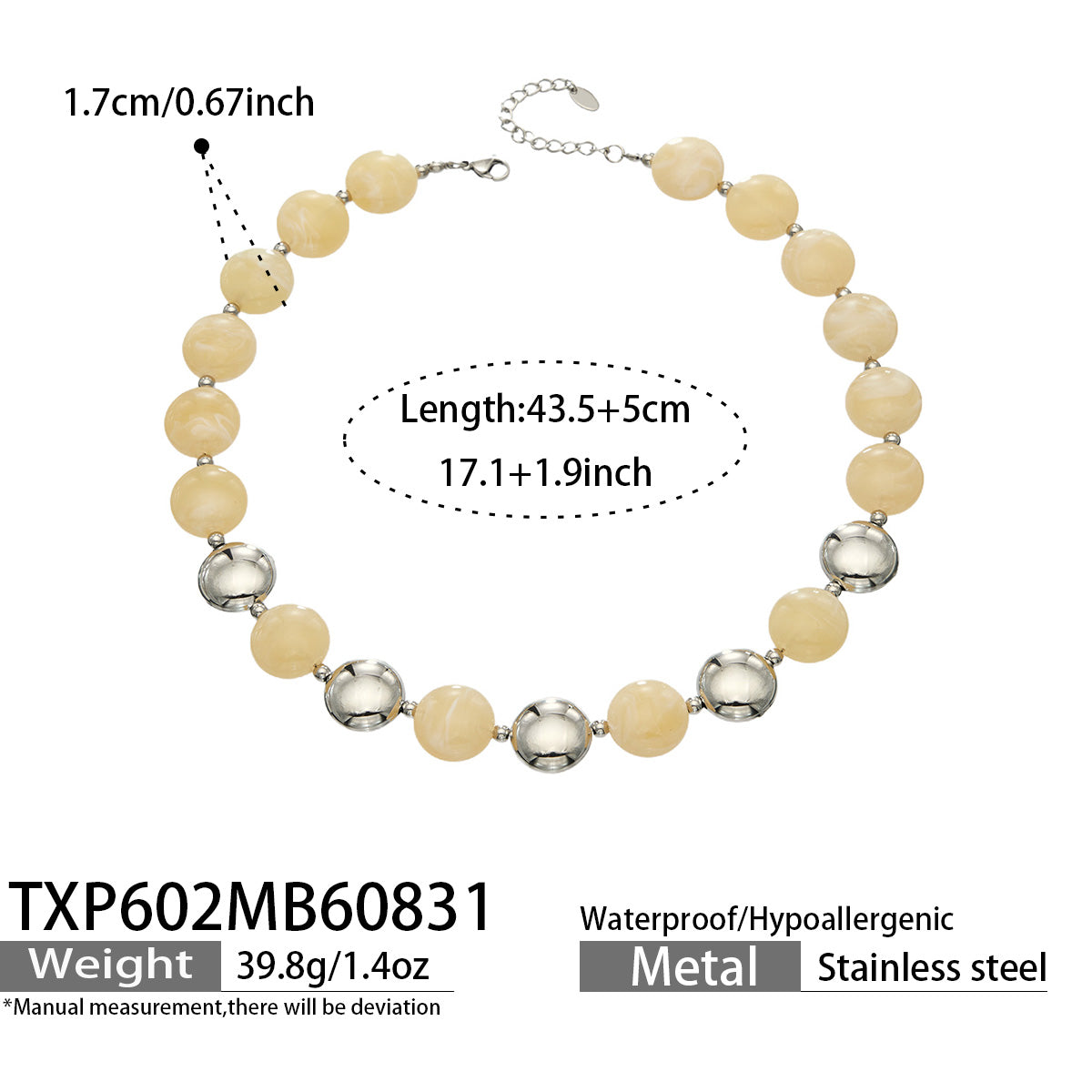 Ivory resin bead necklace with steel-tone accents, product detail sheet with size and style information.