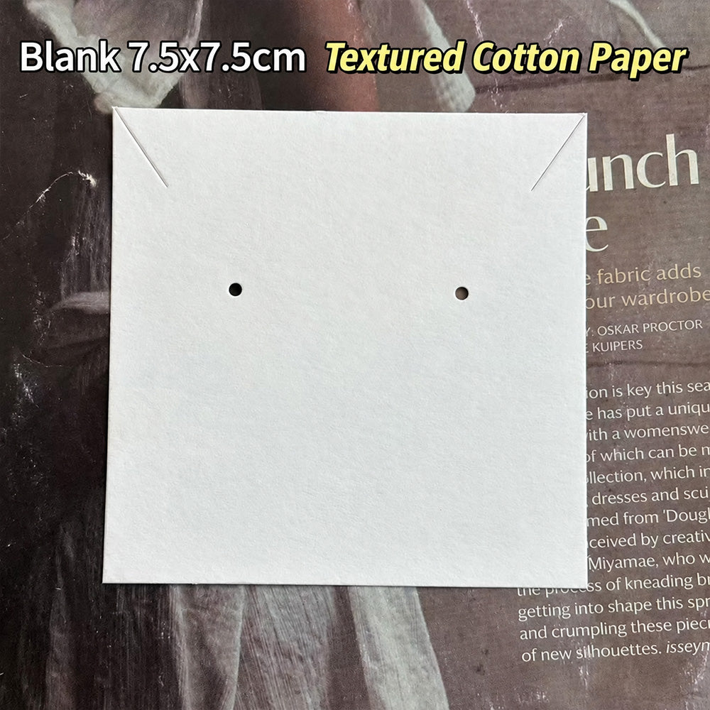 Blank 7.5 × 7.5 cm jewelry display card made from textured cotton paper