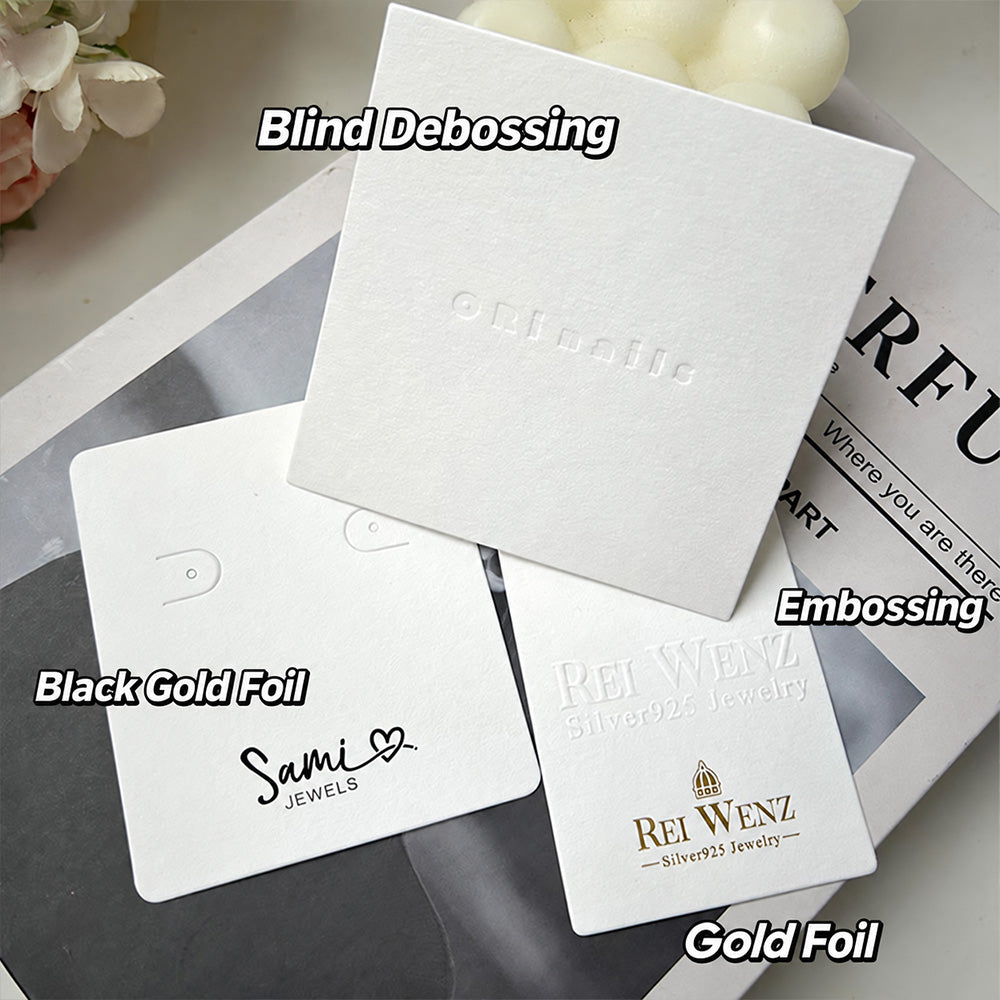 Jewelry display card showing textured cotton paper material and printing finish details