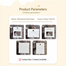 Product parameter guide for jewelry display card sizes, textured cotton paper and printing options