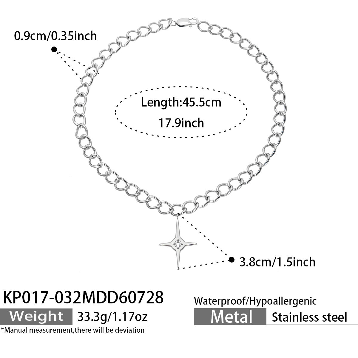 KP017-032 four-point cross chunky chain necklace size and product detail guide