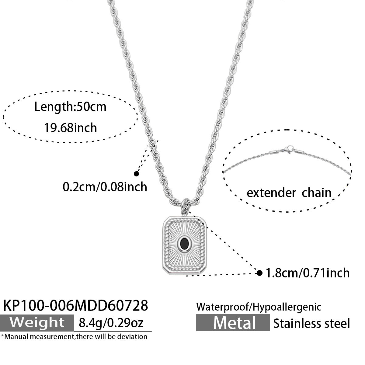 KP100-006 square pendant necklace size and product detail guide