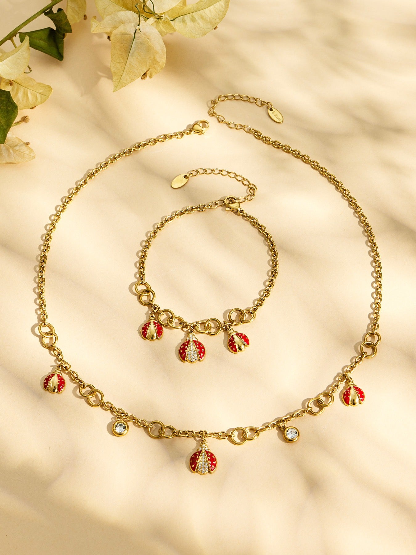 316L Stainless Steel 18K PVD Gold Ladybug Zircon Bracelet and Necklace made with 316L stainless steel and 18K PVD gold finish for wholesale jewelry buyers - image 8