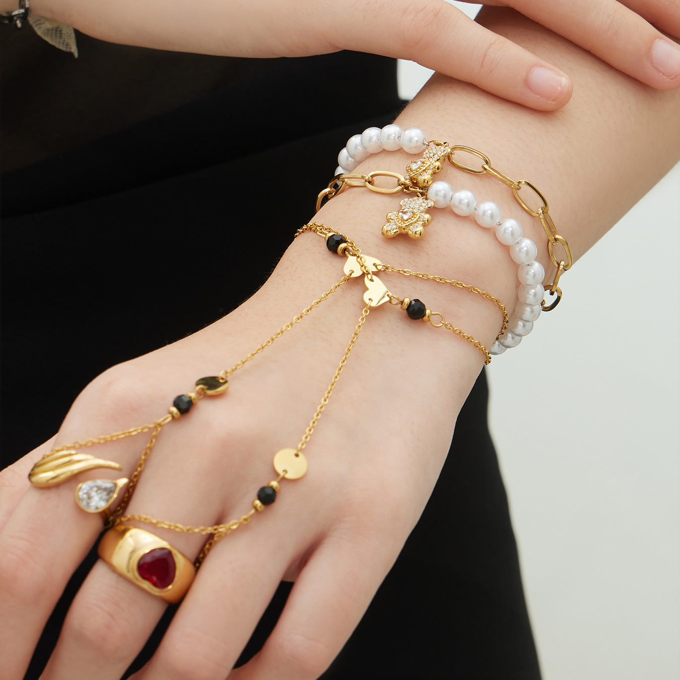 316L Stainless Steel Teddy Bear Charm Pearl Bracelet Set