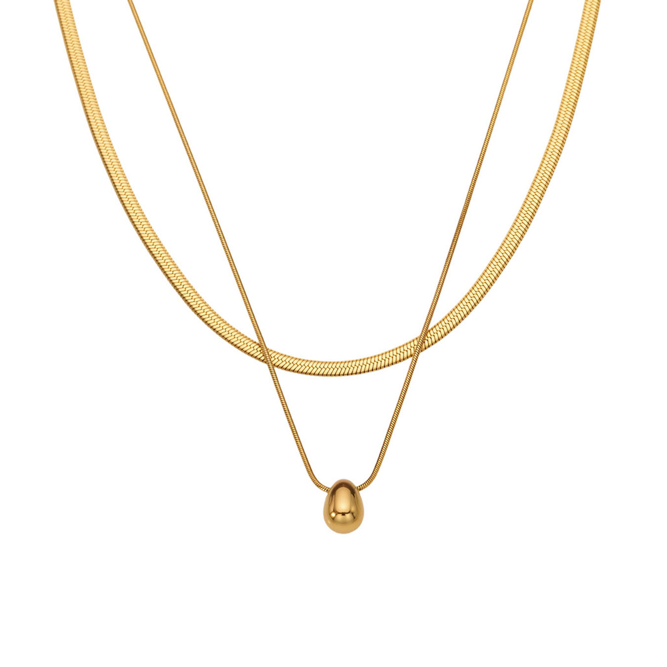 Layered gold tone stainless steel necklace with snake chain and teardrop pendant on white background
