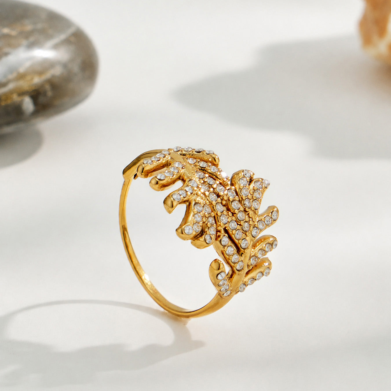 316L Stainless Steel 18K PVD Gold Leaf Zircon Ring Set made with 316L stainless steel and 18K PVD gold finish for wholesale jewelry buyers - image 12
