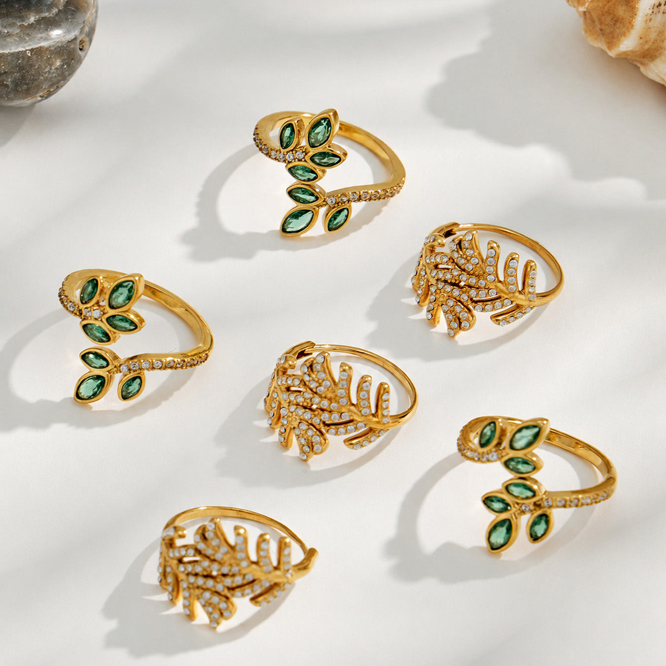 316L Stainless Steel 18K PVD Gold Leaf Zircon Ring Set made with 316L stainless steel and 18K PVD gold finish for wholesale jewelry buyers - image 9