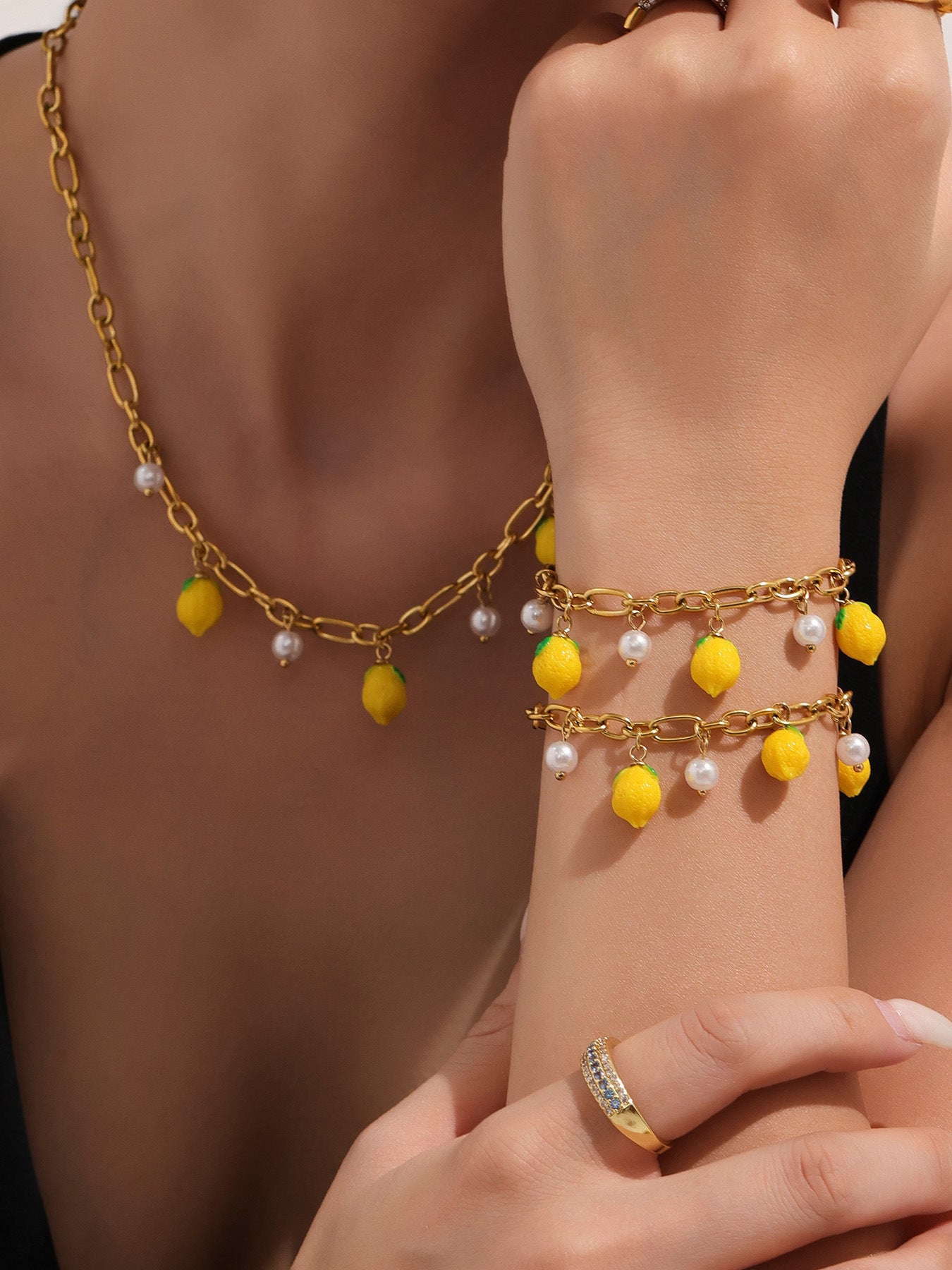 Elegant gold jewelry set necklace & bracelet, lemon freshwater pearl summer coastal style