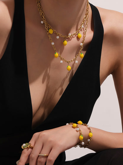 Full set summer jewelry gold necklace bracelet with lemon freshwater pearl charm for ladies