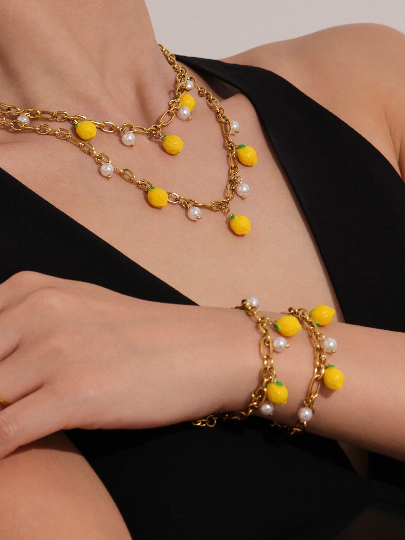 Trendy lemon pearl gold jewelry set, perfect for summer travel and daily matching