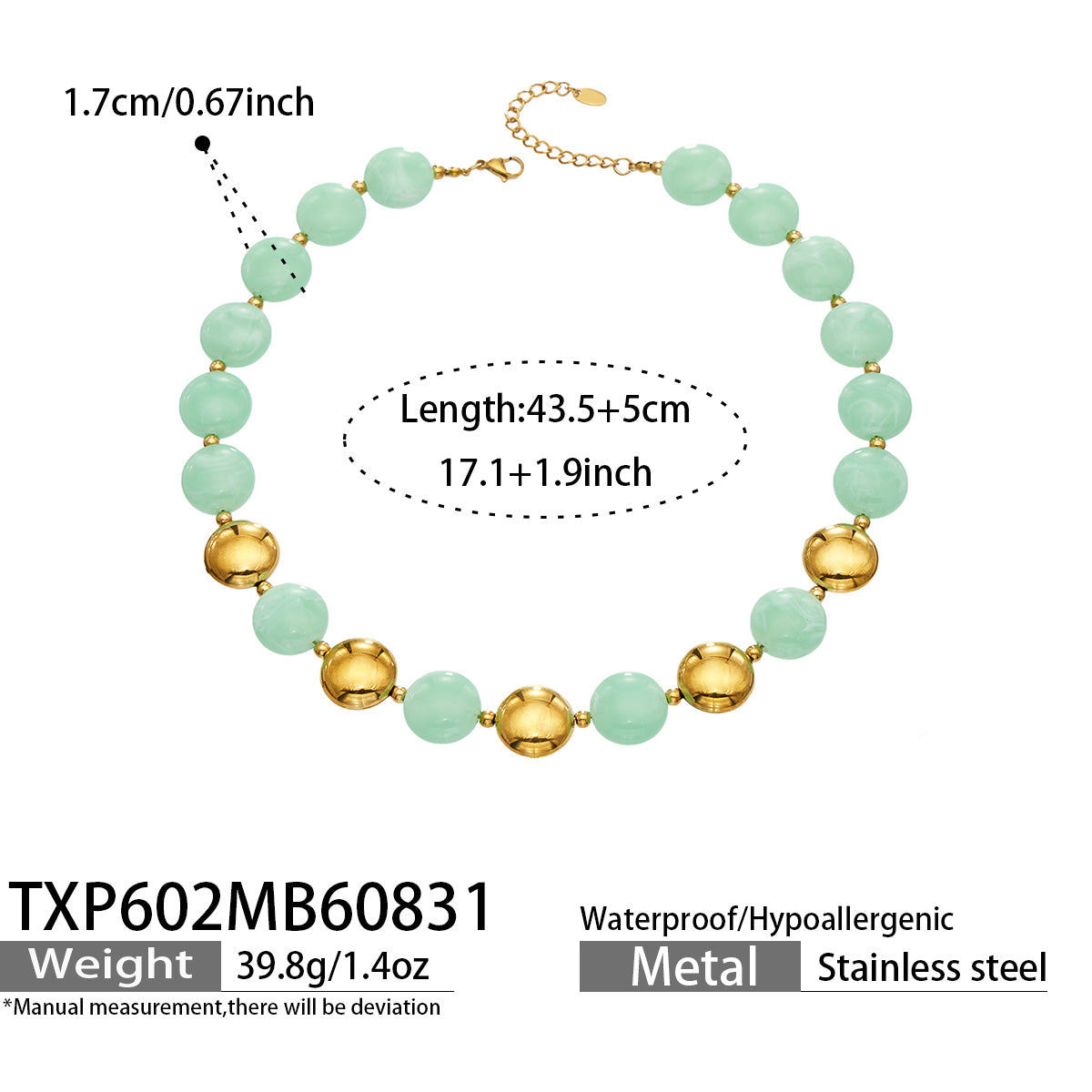 Light Green resin bead necklace with gold-tone accents, product detail sheet with size and style information.