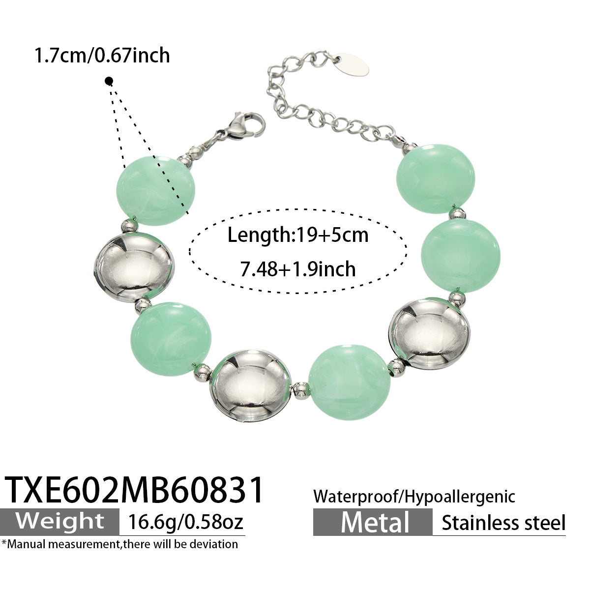 Light Green resin bead bracelet with steel-tone accents, product detail sheet with size and style information.