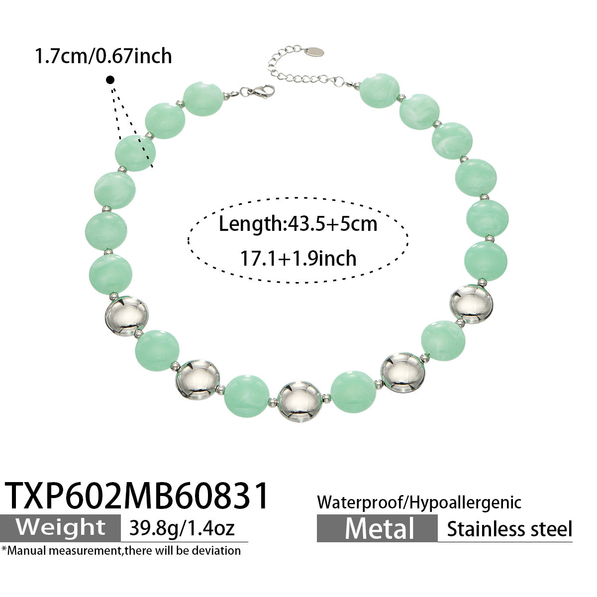 Light Green resin bead necklace with steel-tone accents, product detail sheet with size and style information.