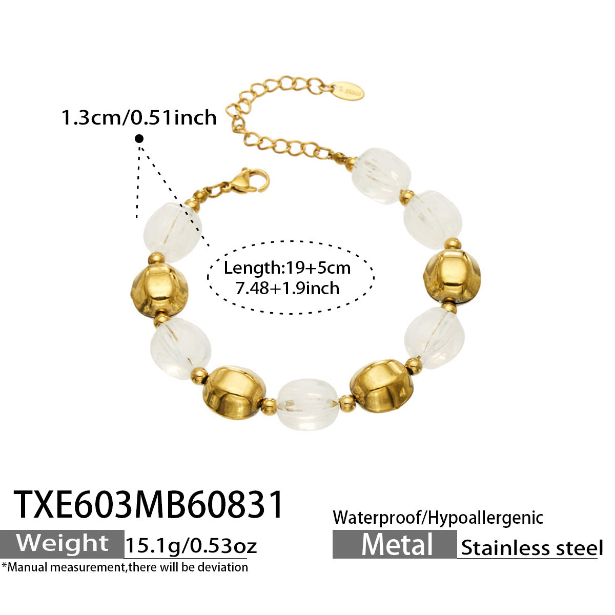 Specification card for a light yellow resin bead bracelet with stainless steel accent beads.