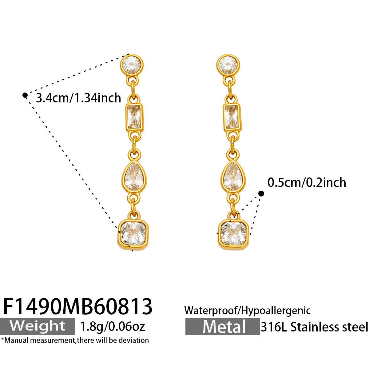 Gold linear cubic zirconia long drop earrings size and product detail guide