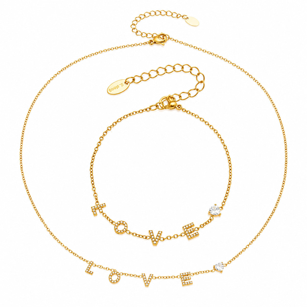 MiduoduoJewelry LOVE letter zircon necklace and bracelet shown together in gold-tone stainless steel
