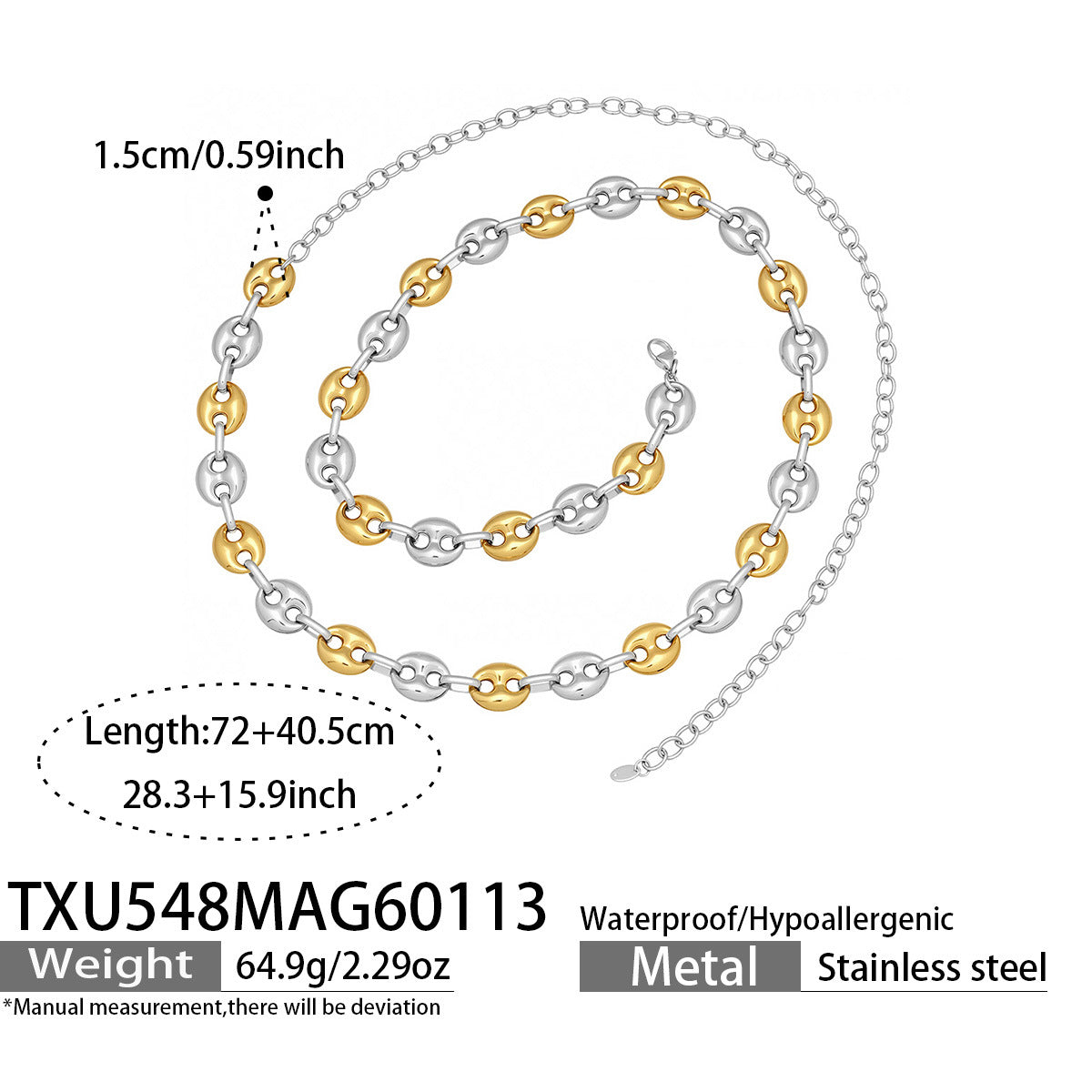316L Stainless Steel Mixed Metal Coffee Bean Chain Jewelry Set for Women