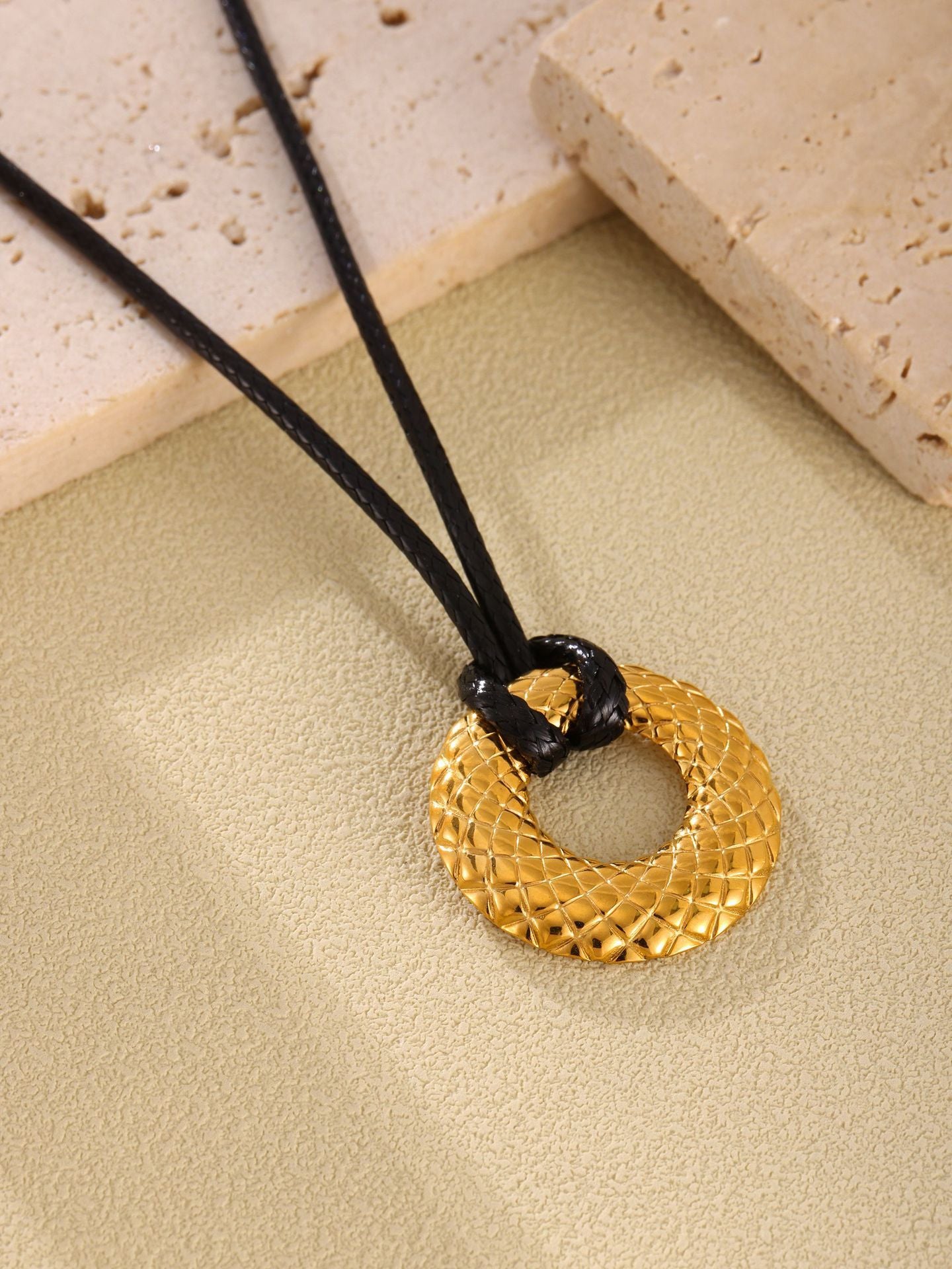 316L Stainless Steel Textured Round Pendant Adjustable Black Cord Necklace