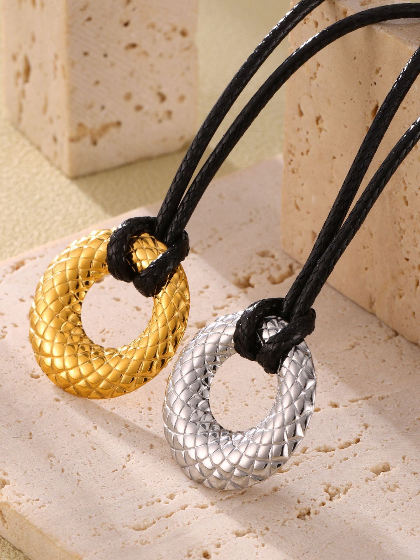 316L Stainless Steel Textured Round Pendant Adjustable Black Cord Necklace