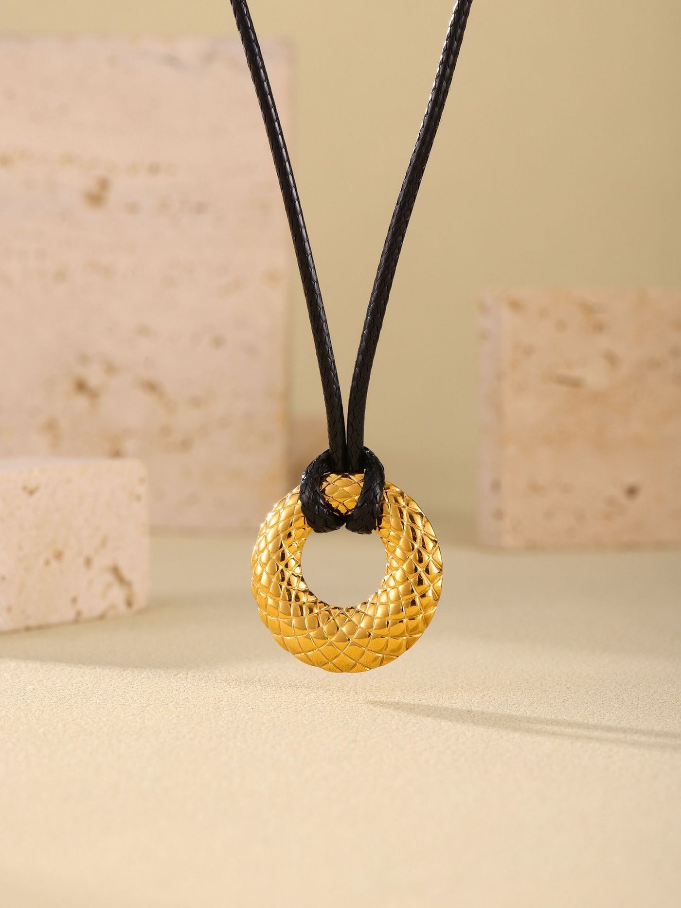 316L Stainless Steel Textured Round Pendant Adjustable Black Cord Necklace