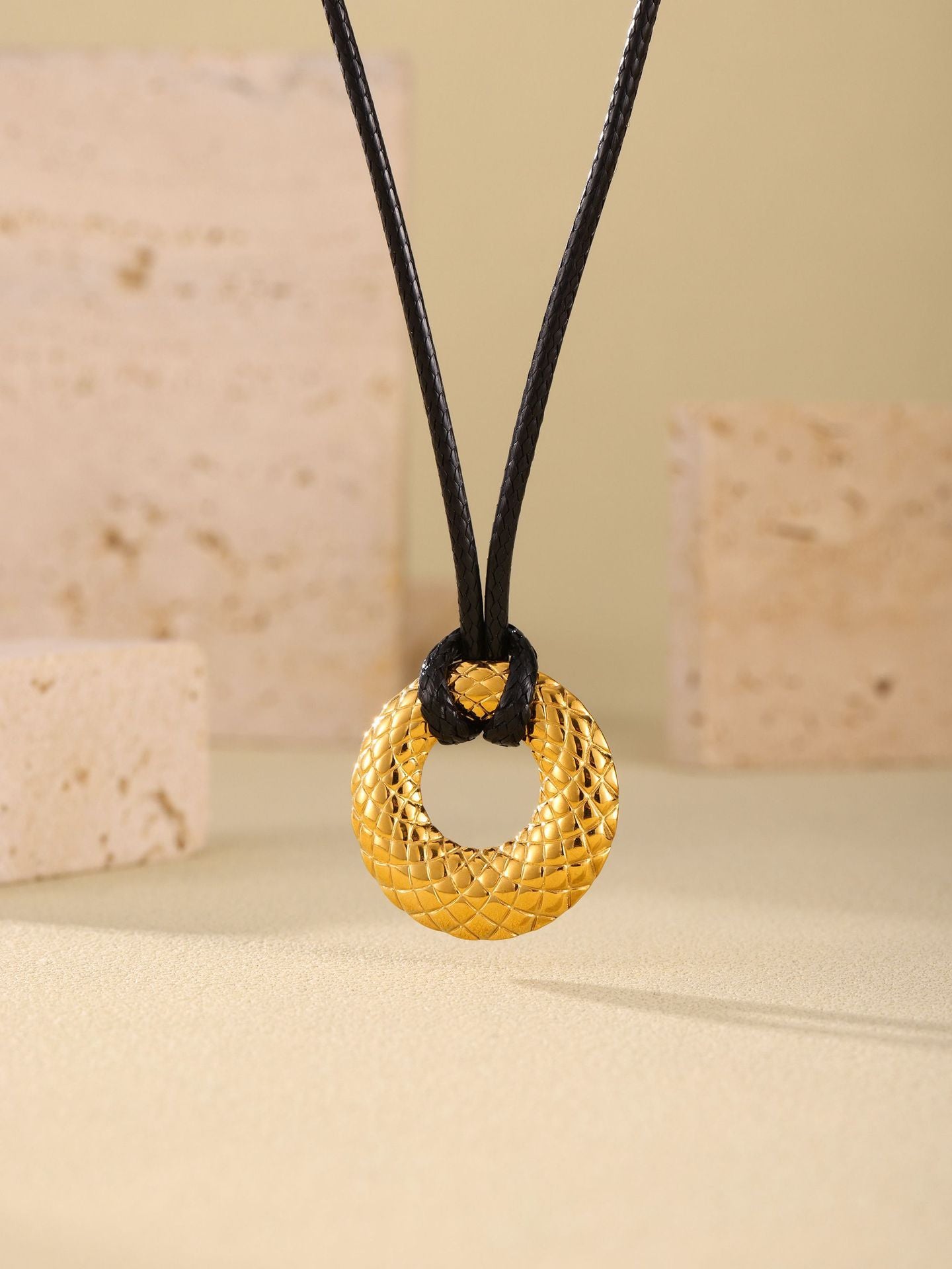 316L Stainless Steel Textured Round Pendant Adjustable Black Cord Necklace