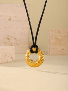 316L Stainless Steel Textured Round Pendant Adjustable Black Cord Necklace