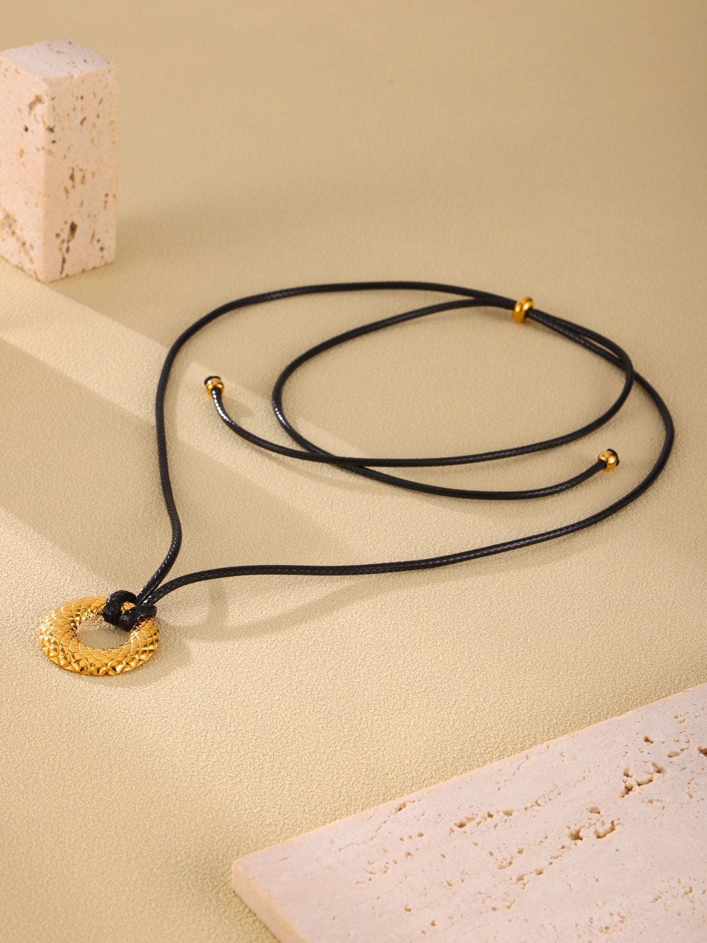 316L Stainless Steel Textured Round Pendant Adjustable Black Cord Necklace