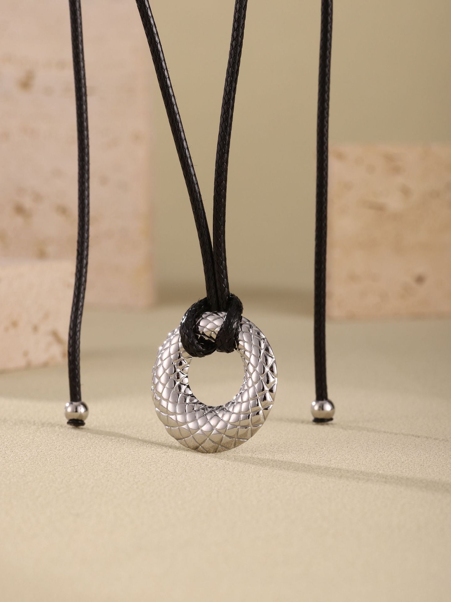 316L Stainless Steel Textured Round Pendant Adjustable Black Cord Necklace