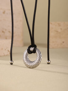 316L Stainless Steel Textured Round Pendant Adjustable Black Cord Necklace