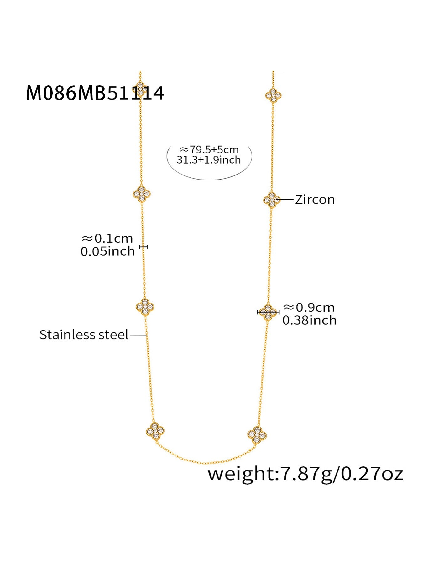 Size and weight chart of M086 316L stainless steel CZ flower station necklace