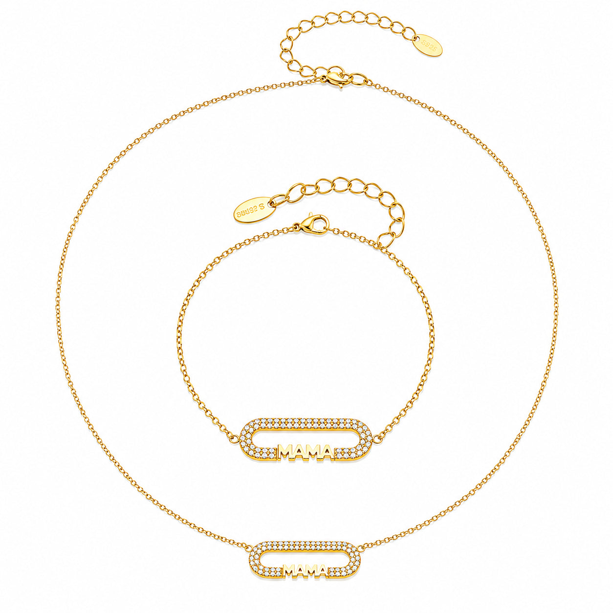 MiduoduoJewelry MAMA zircon bar necklace and matching bracelet in 18K PVD gold 316L stainless steel