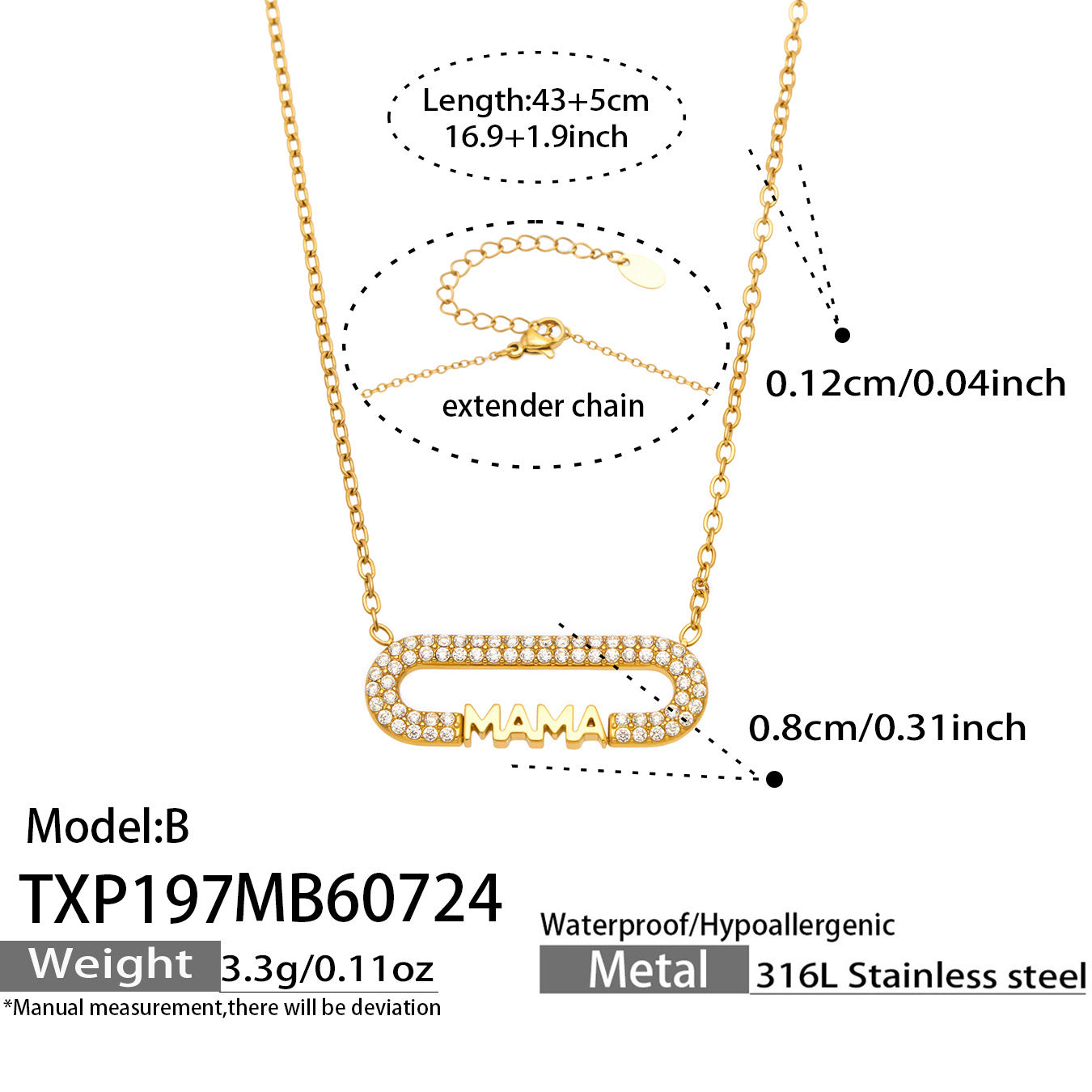MiduoduoJewelry MAMA zircon necklace chain length, pendant size and product specifications