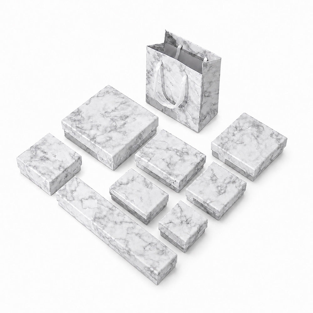 Marble jewelry boxes with foam inserts and matching gift bag for wholesale jewelry packaging