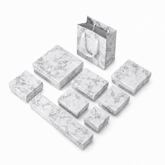 Marble jewelry boxes with foam inserts and matching gift bag for wholesale jewelry packaging