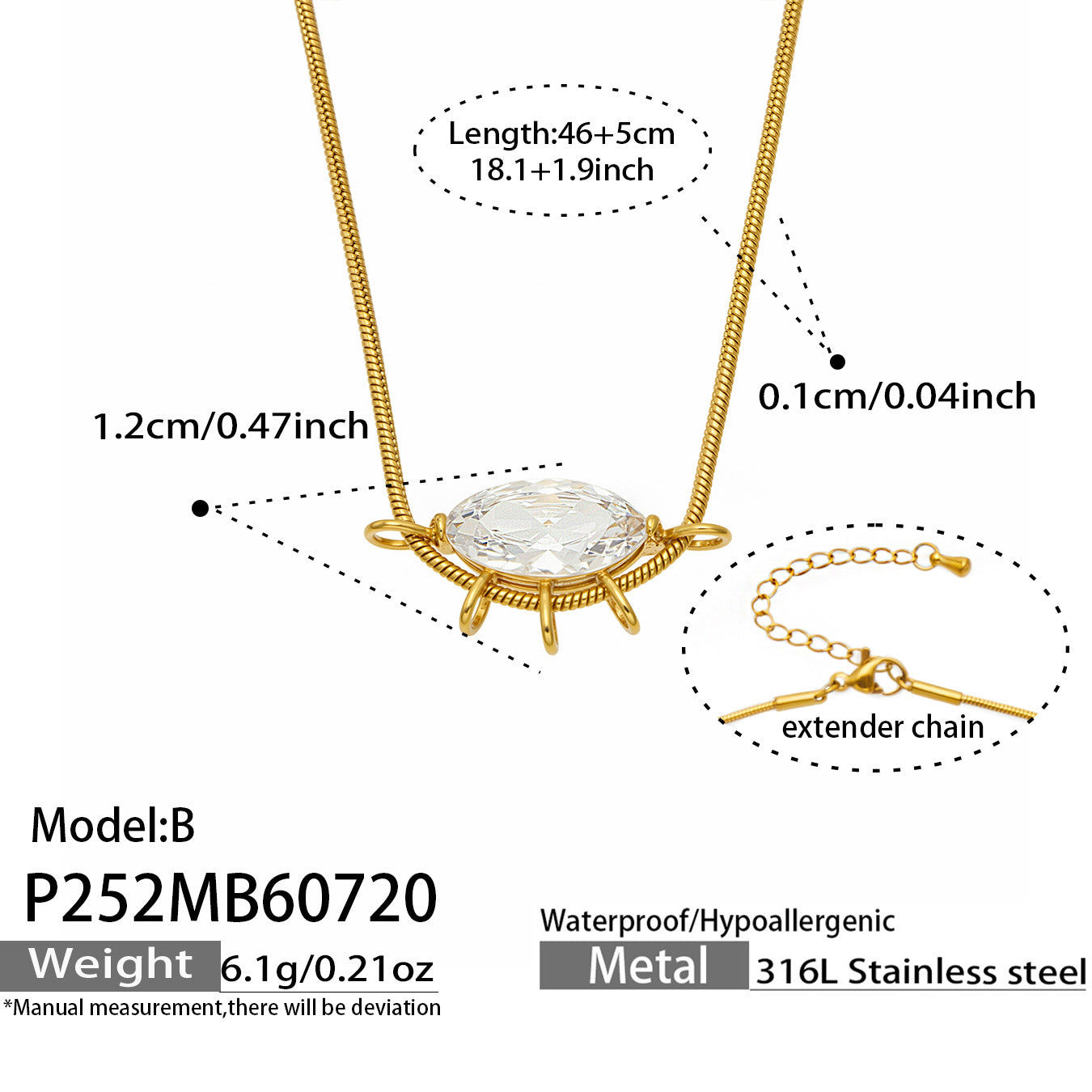 Size guide for the marquise zircon pendant necklace with chain and pendant measurements