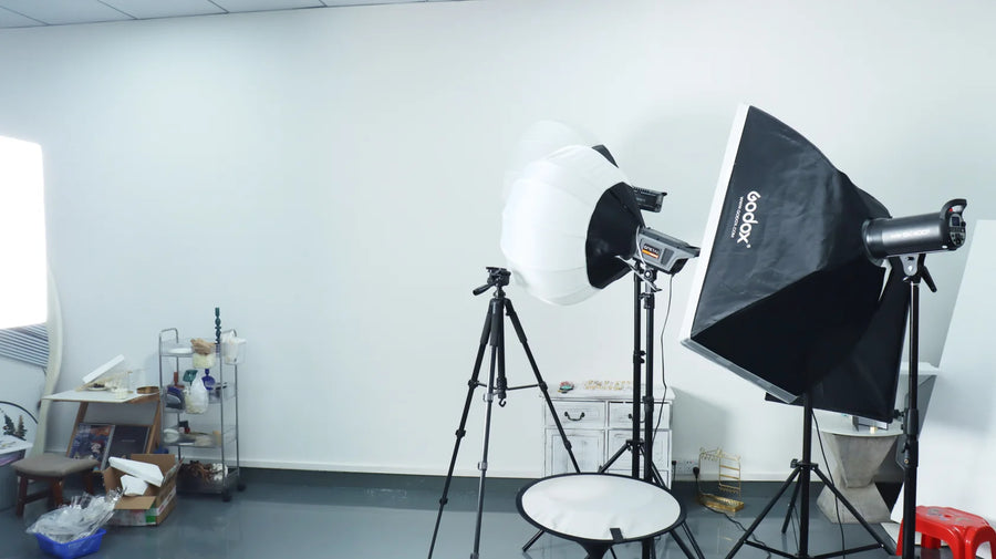 Product photography area with lighting equipment