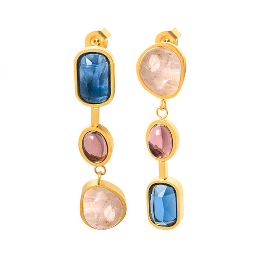 316L Stainless Steel 18K Gold PVD Asymmetrical Inlaid Colorful Gemstone Earrings, hypoallergenic dangle earrings for women