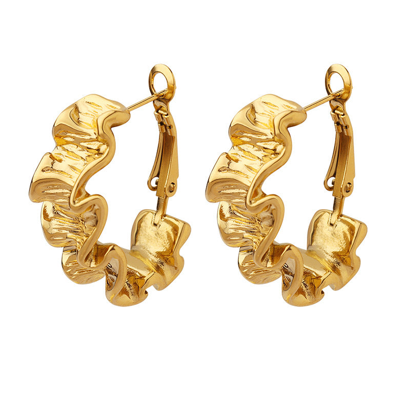 18K Gold PVD Geometric Wrinkled Hoop Earrings Detail, Wholesale Stainless Steel Earrings