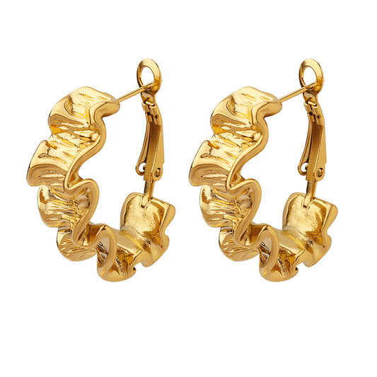 18K Gold PVD Geometric Wrinkled Hoop Earrings Detail, Wholesale Stainless Steel Earrings