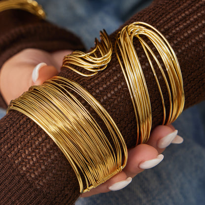 18K Gold PVD Multi-Layer Open Cuff Bangle stack, 316L stainless steel wholesale statement jewelry