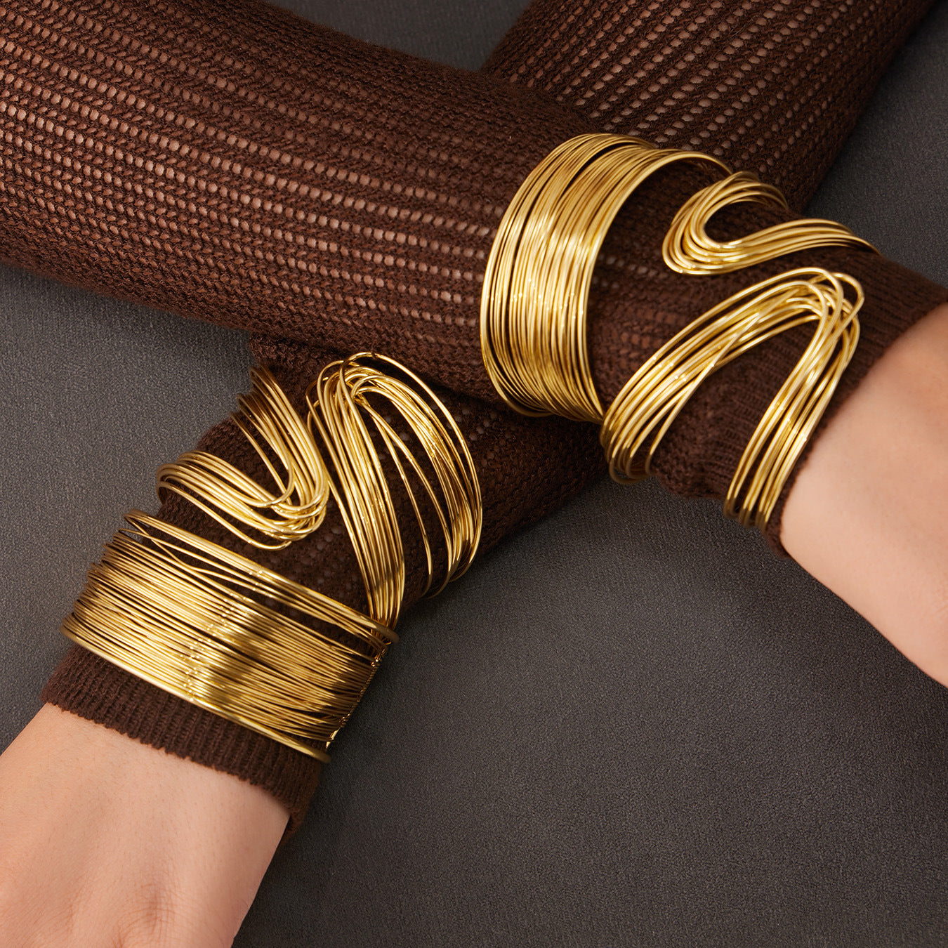18K Gold PVD Multi-Layer Open Cuff Bangle worn on wrist, European style chunky stainless steel jewelry
