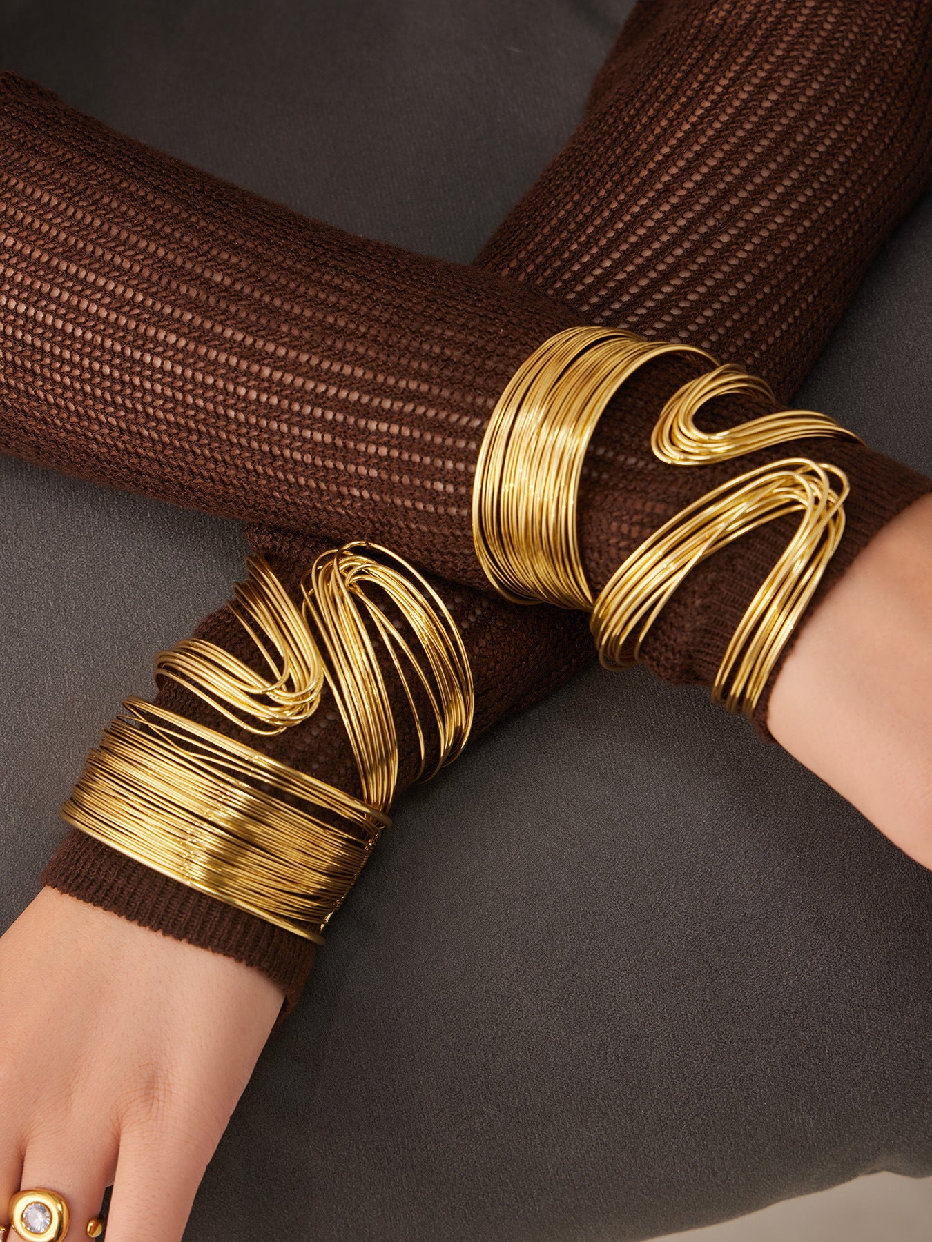 Chunky Multi-Layer Open Cuff Bangle, 316L stainless steel 18K gold plated exaggerated statement bracelet