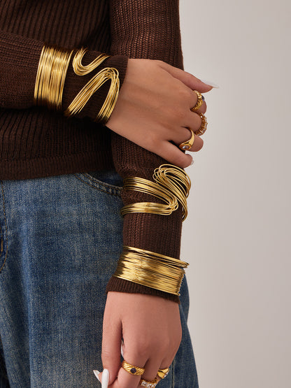 Multi-Layer Open Cuff Bangle on sweater cuff, 316L stainless steel 18K gold plated fashion jewelry