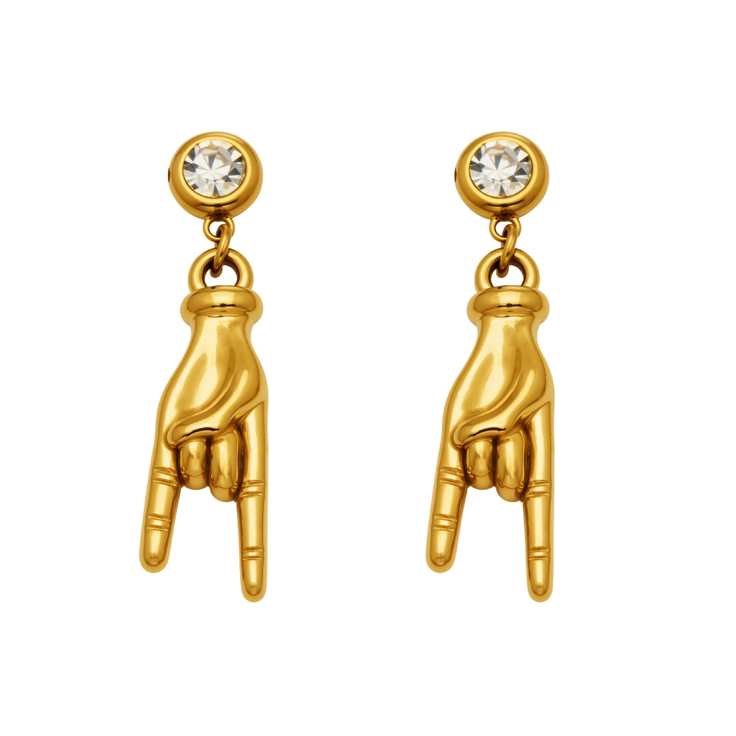 316L Stainless Steel 5A Zircon Hand Gesture Dangle Earrings worn on ear, unique hypoallergenic jewelry for women