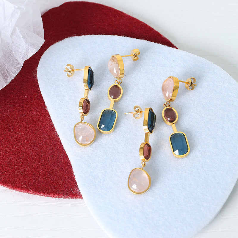 18K Gold PVD Asymmetrical Gemstone Earrings set, European style stainless steel jewelry