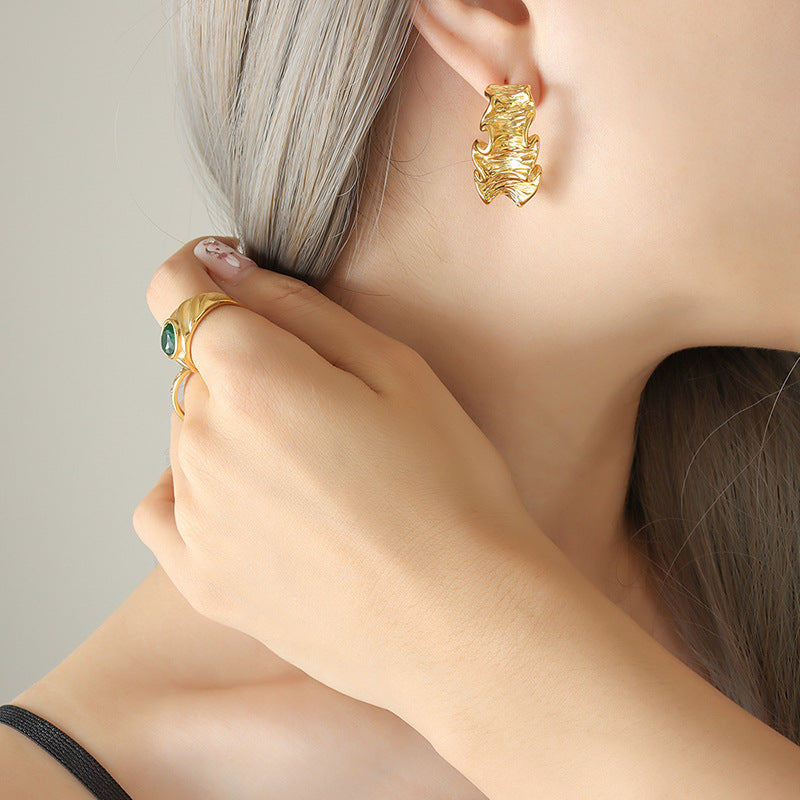 316L Stainless Steel 18K Gold PVD Geometric Wrinkled Texture Hoop Earrings, European INS Style Hypoallergenic Ear Cuffs