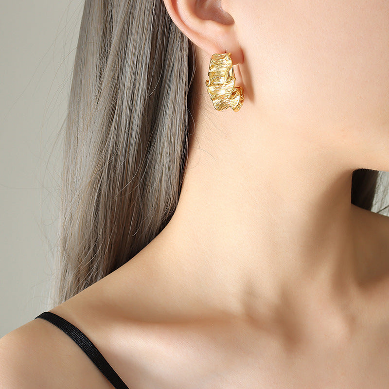 18K Gold PVD Geometric Wrinkled Hoop Earrings Worn On Ear, Trendy INS Style Stainless Steel Jewelry
